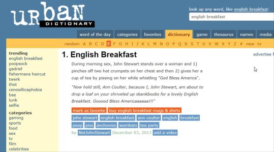 No wonder Jon Stewart advised against looking-up 'English Breakfast' on the Urban Dictionary!